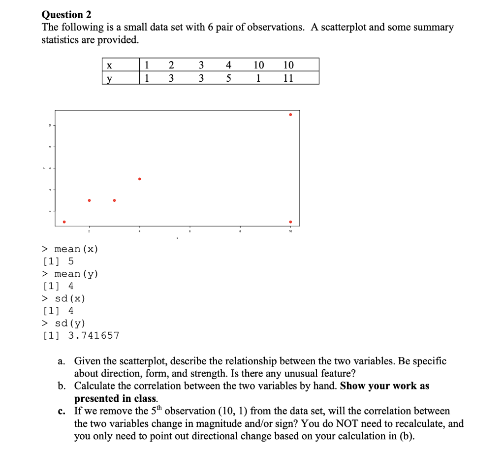 Solved Question 2 The following is a small data set with 6 | Chegg.com