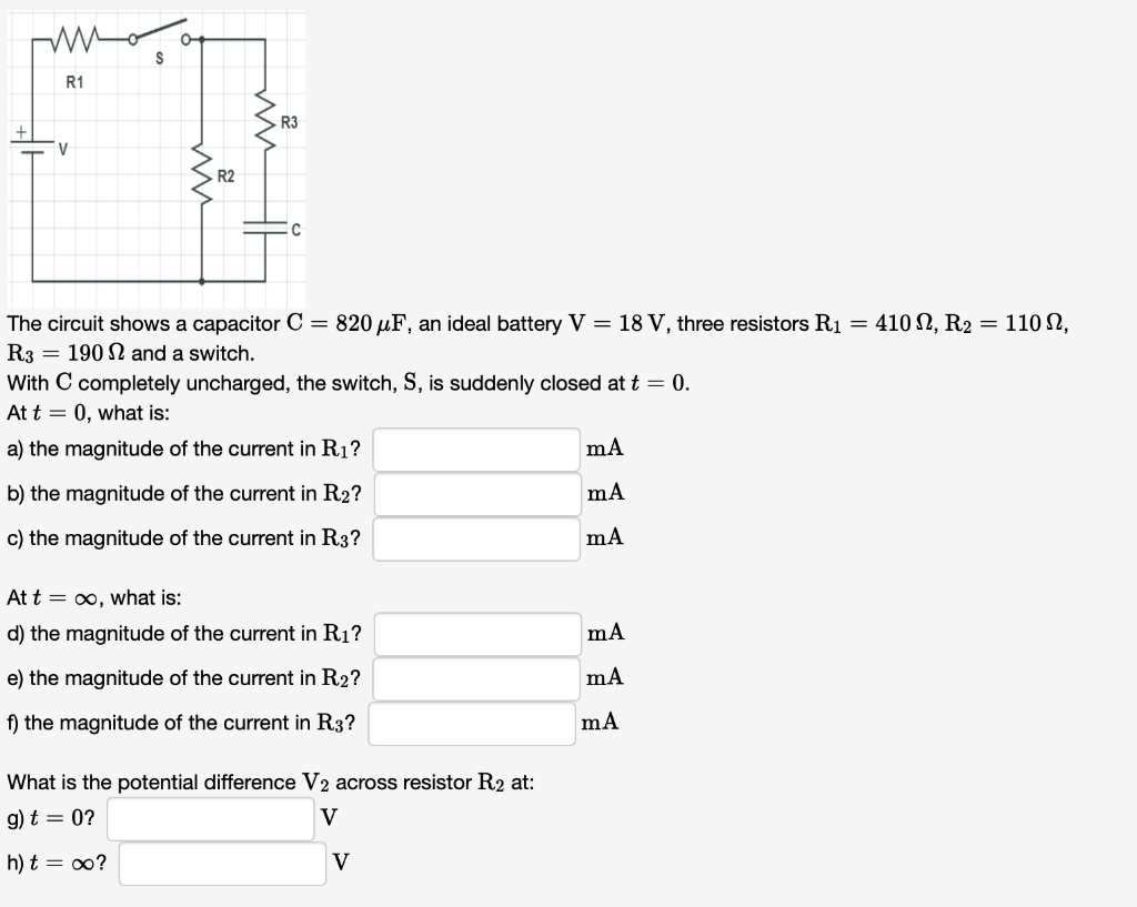 Solved s R1 R3 V R2 C The circuit shows a capacitor C = 820 | Chegg.com