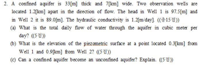 Solved 2. A confined aquifer is 33[m] thick and 7[km] wide. | Chegg.com