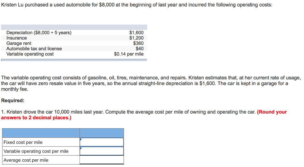 Solved Kristen Lu purchased a used automobile for $8,000 at | Chegg.com