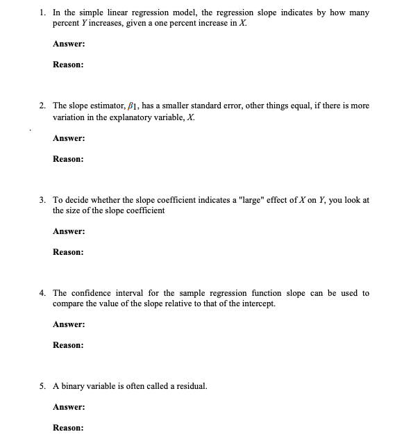 Solved 1. In the simple linear regression model, the | Chegg.com