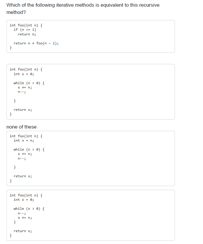Solved Which of the following recursive methods is | Chegg.com