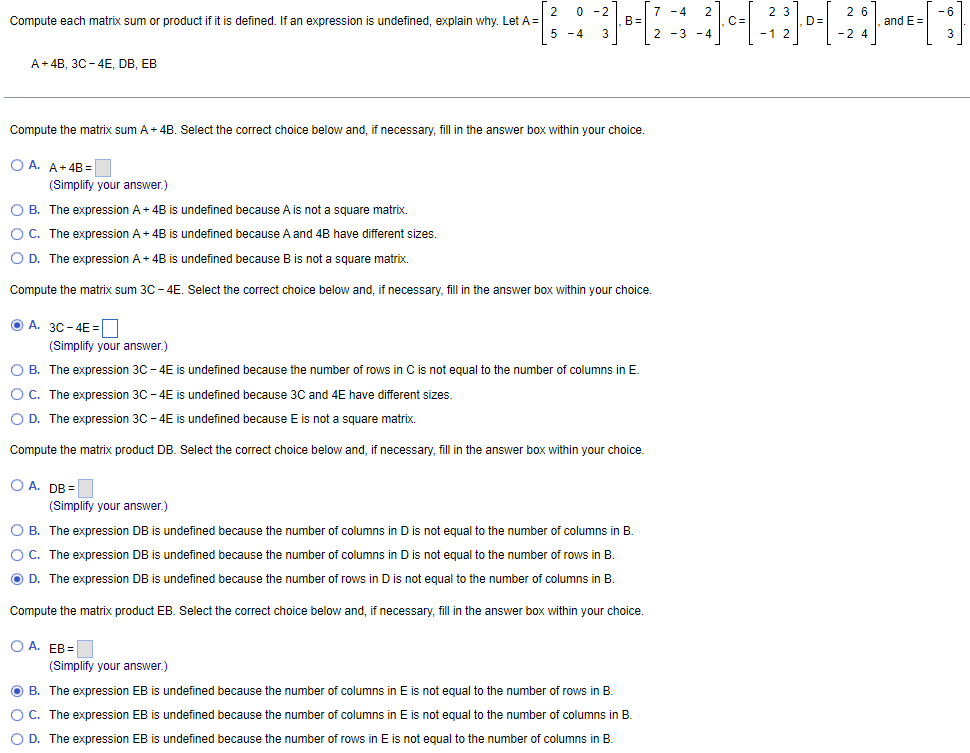 Solved A+4B,3C−4E,DB,EB Compute The Matrix Sum A+4 B. Select | Chegg.com