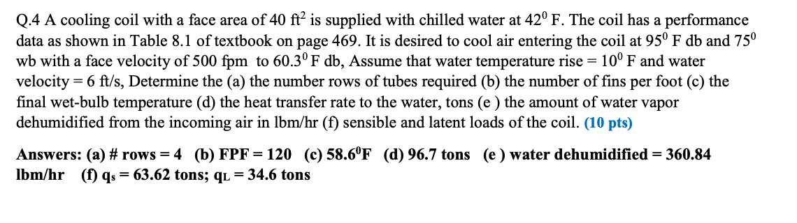 Q.4 A cooling coil with a face area of 40 ft? is | Chegg.com