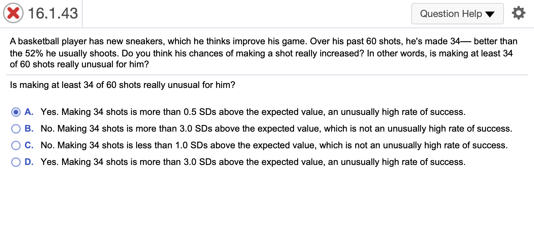 Solved X 16.1.43 Question Help A basketball player has new | Chegg.com