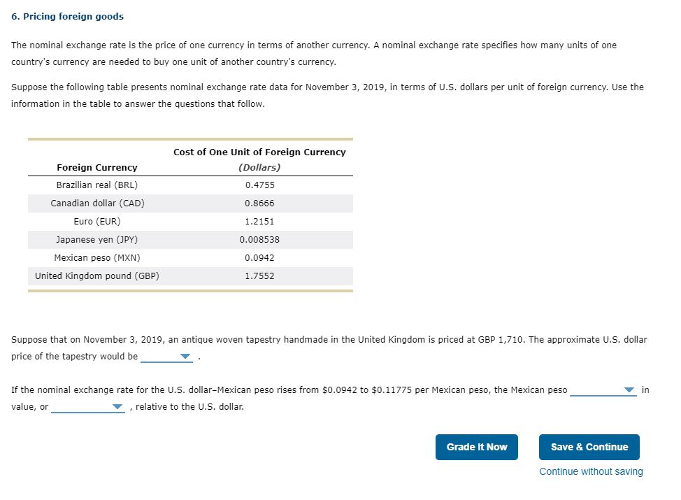 Solved 6. Pricing foreign goods The nominal exchange rate is | Chegg.com