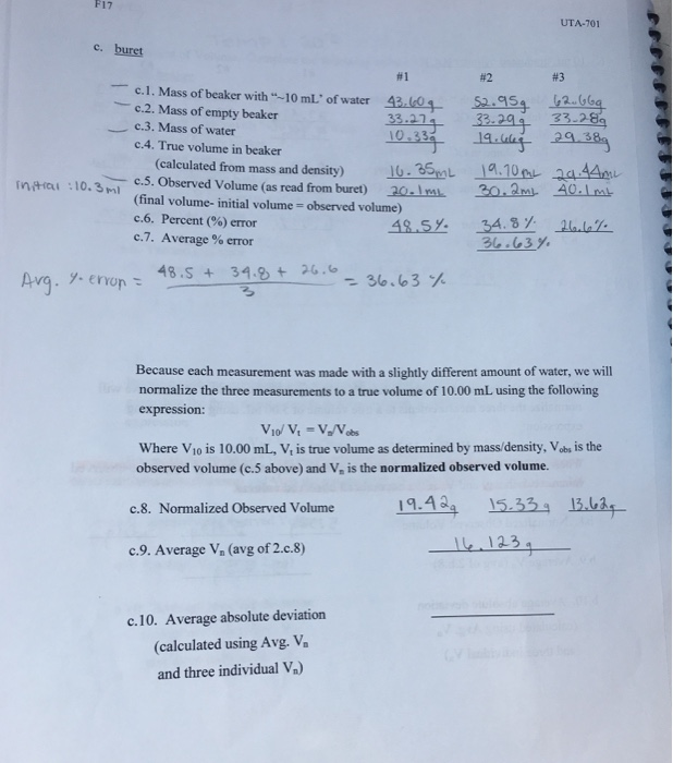 Solved F17 UTA-701 c. buret #1 #2 #3 c.1. Mass of beaker | Chegg.com