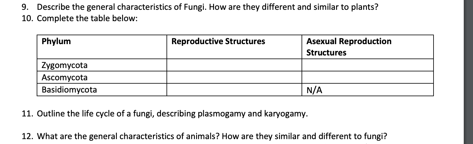 Solved 9. Describe the general characteristics of Fungi. How 