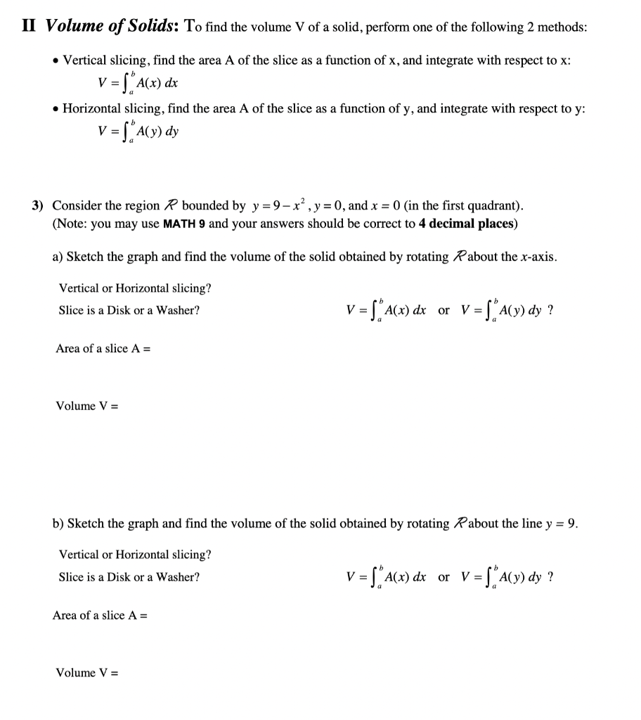 Solved II Volume Of Solids: To Find The Volume V Of A Solid, | Chegg.com