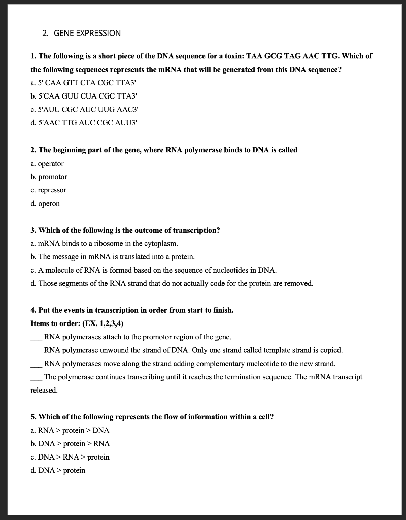 Solved 2. GENE EXPRESSION 1. The following is a short piece | Chegg.com