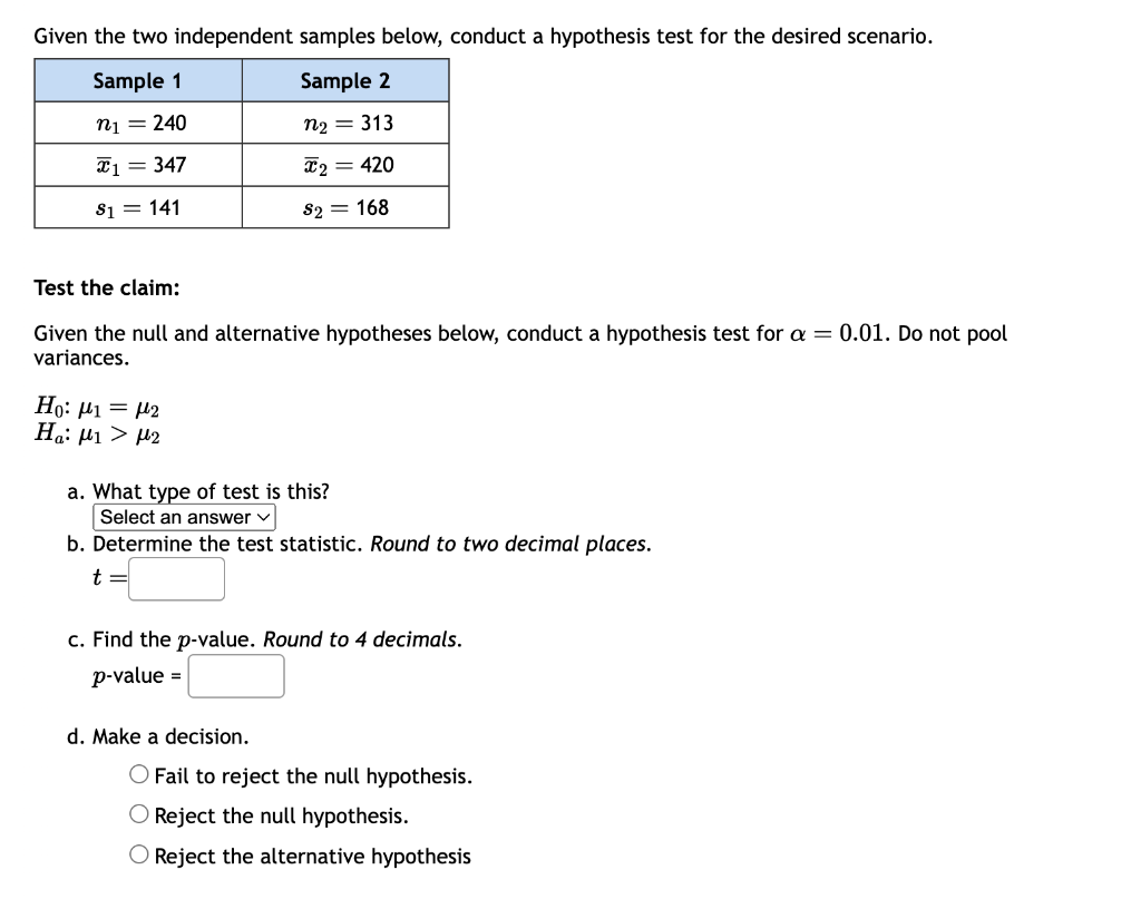 two independent sample hypothesis test