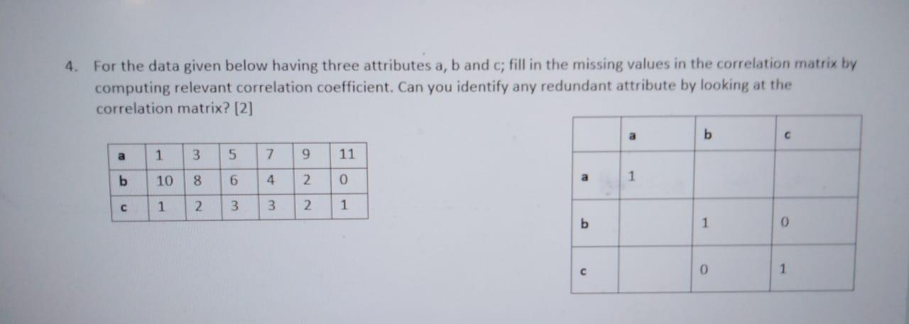 Solved 4. For the data given below having three attributes | Chegg.com
