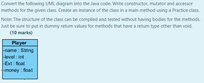 Solved Convert the following UML diagram into the Java code. | Chegg.com