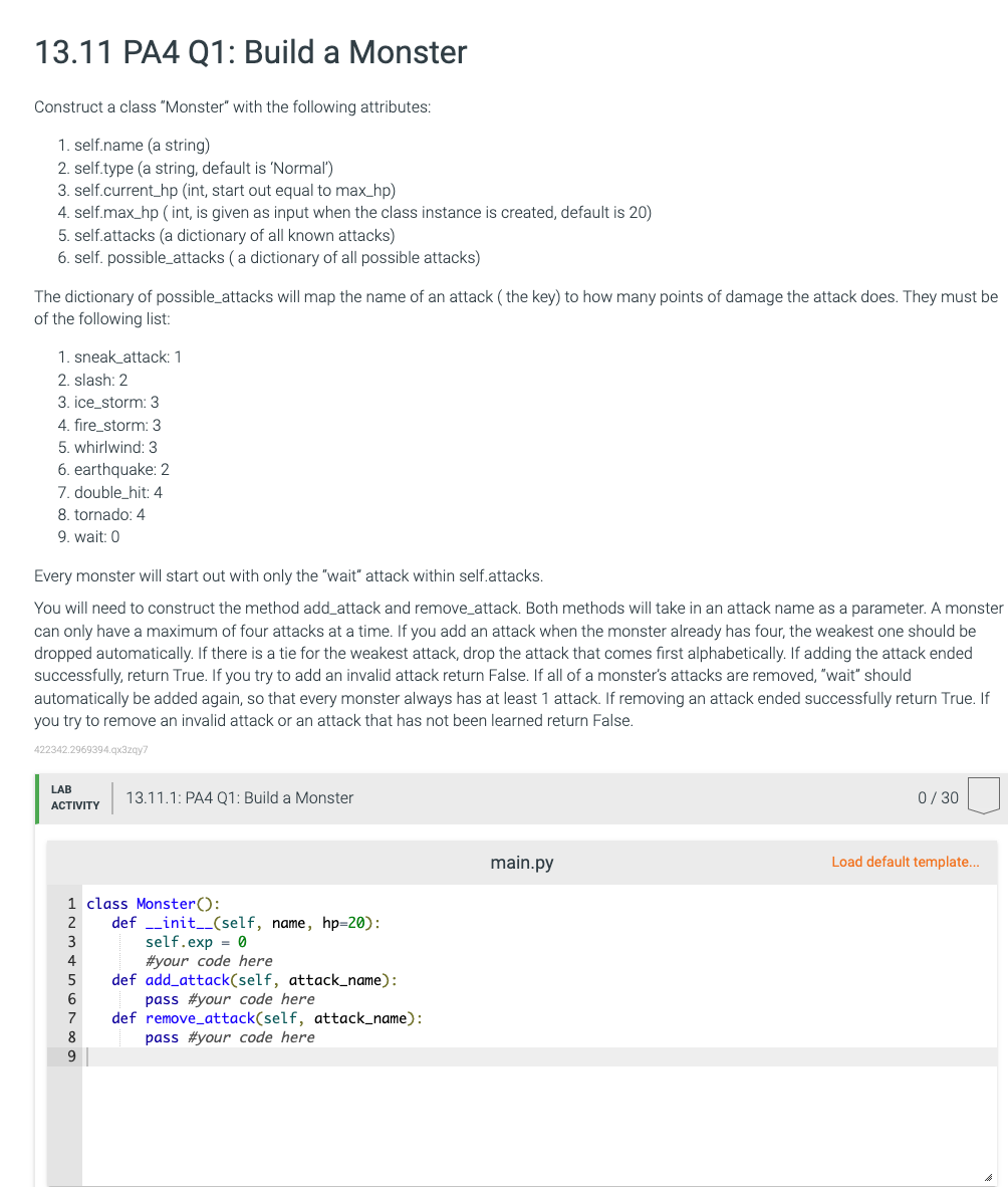 Solved Construct a class "Monster" with the following | Chegg.com