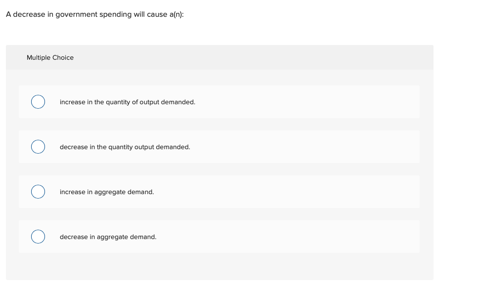 Solved A decrease in government spending will cause a(n): | Chegg.com