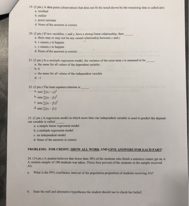 Solved 19.(2 pts.) A data point (observation) that does not | Chegg.com