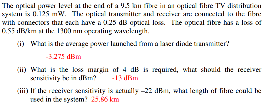 Opt Power Level Example The optical power level at the end of a 9.5 km fibre | Chegg.com