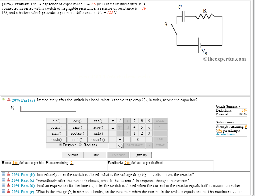 Solved (11%) Problem 14: A Capacitor Of Capacitance C = 2.5 | Chegg.com