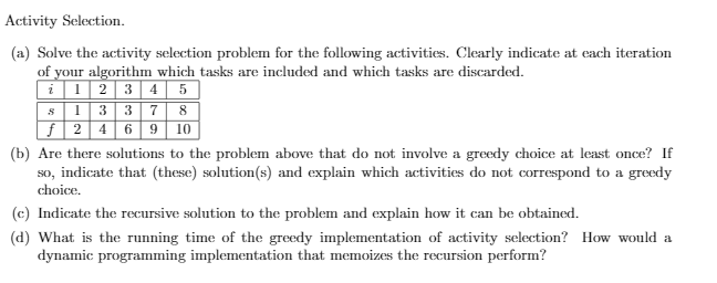 Activity Selection. (a) Solve The Activity Selection | Chegg.com