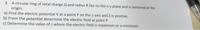 Solved A circular ring of total charge Q and radius R lies | Chegg.com