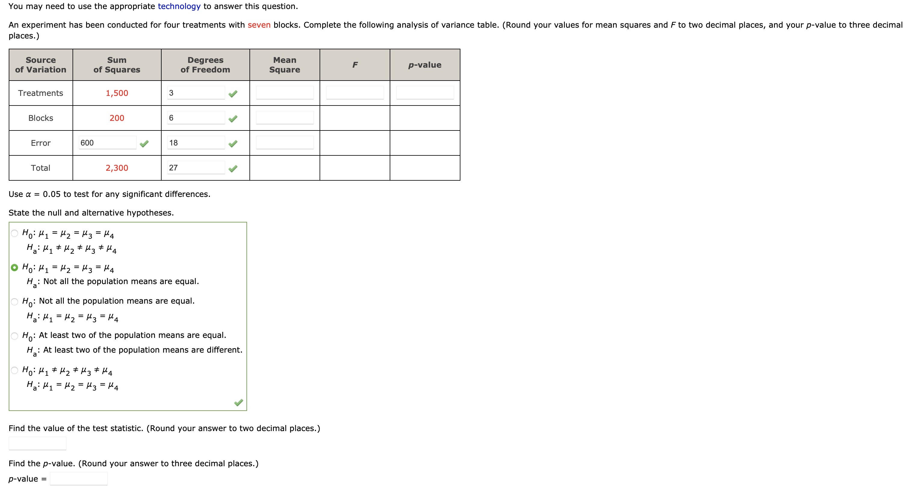 Solved Use α=0.05 to test for any significant differences. | Chegg.com