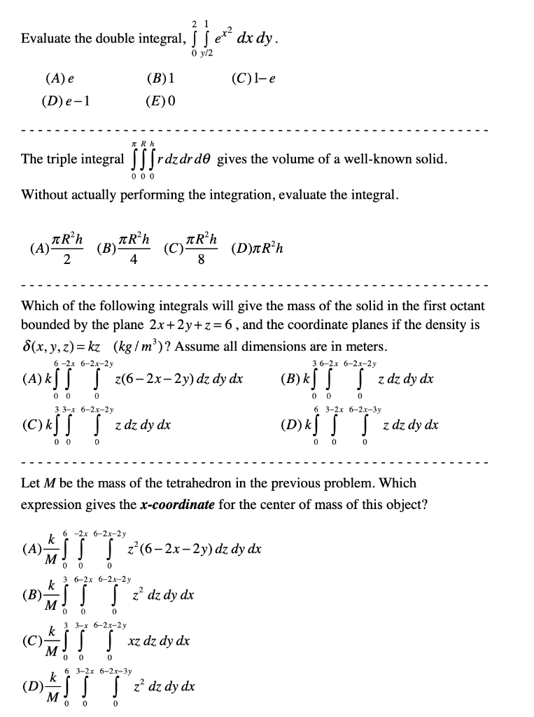 Solved 2 1 Evaluate The Double Integral Ex Dx Dy 0 Y 2