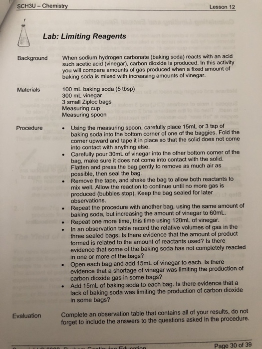 SCH3U - Chemistry Lesson 12 Lab: Limiting Reagents | Chegg.com