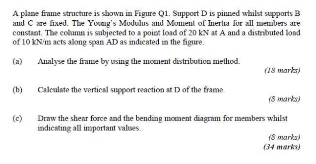 A plane frame structure is shown in Figure Q1. Support D is pinned whilst supports B and \( \mathrm{C} \) are fixed. The Youn