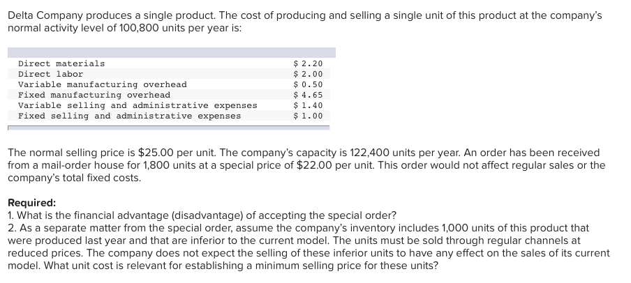 Solved Delta Company Produces A Single Product. The Cost Of 