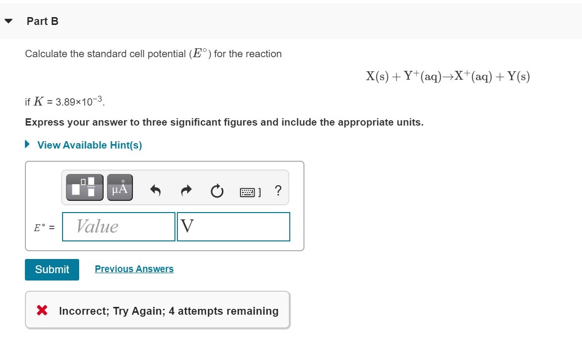 Solved Part B Calculate the standard cell potential (E°) for | Chegg.com