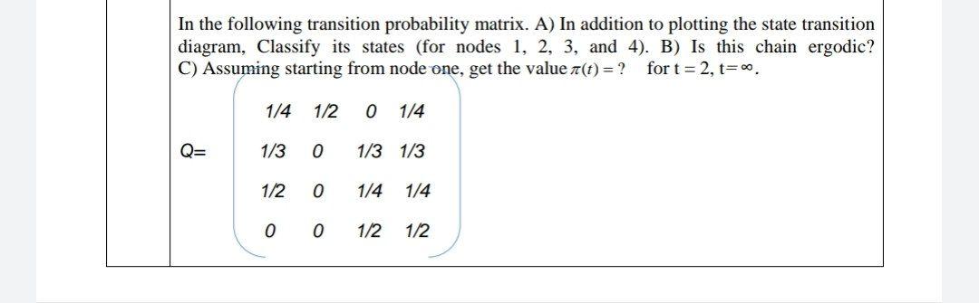 Solved In the following transition probability matrix. A) In | Chegg.com