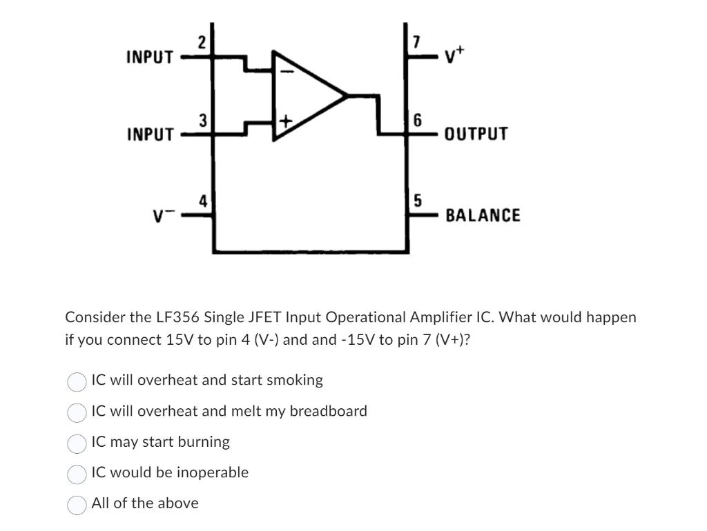 Consider the LF356 Single JFET Input Operational Amplifier IC. What would happen if you connect \( 15 \mathrm{~V} \) to pin \