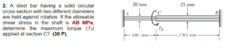 Solved 20 mm 25 mm B В 2. A steel bar having a solid | Chegg.com