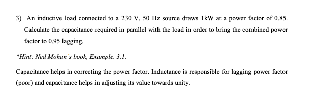 Solved 3) An inductive load connected to a 230 V, 50 Hz | Chegg.com