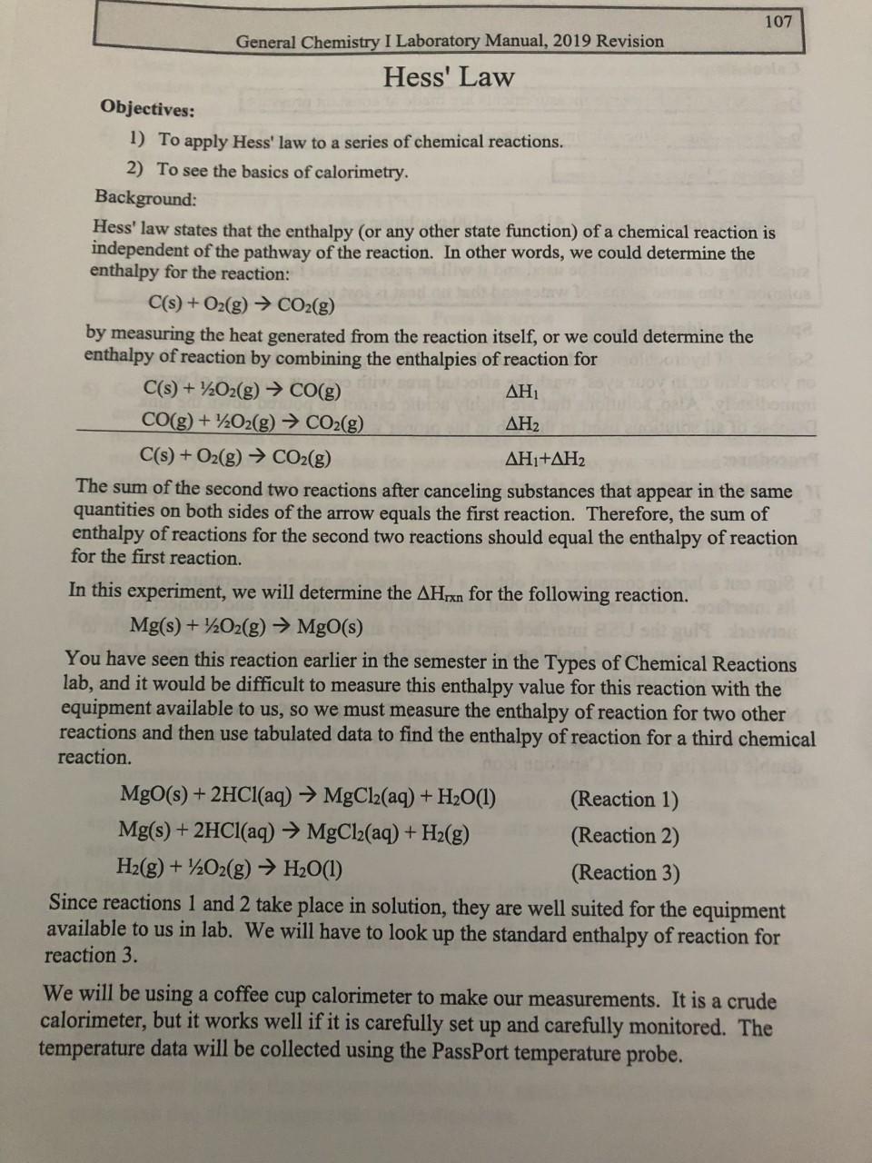 Solved 107 General Chemistry I Laboratory Manual, 2019 | Chegg.com