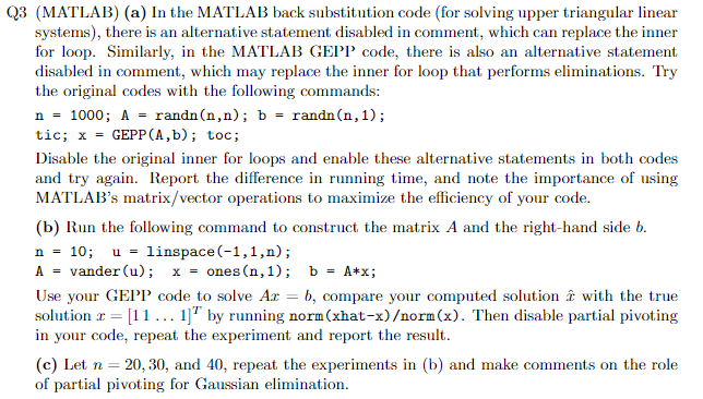 Solved 3 (MATLAB) (a) In the MATLAB back substitution code | Chegg.com