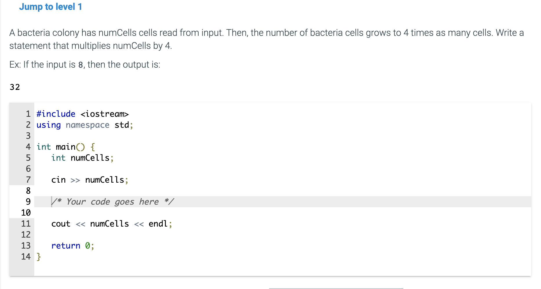 Solved A bacteria colony has numCells cells read from input. | Chegg.com