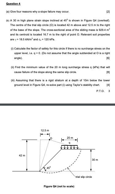 Solved Question 4 (a) Give four reasons why a slope failure | Chegg.com