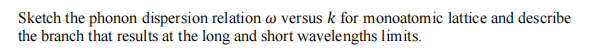 Solved Sketch the phonon dispersion relation w versus k for | Chegg.com