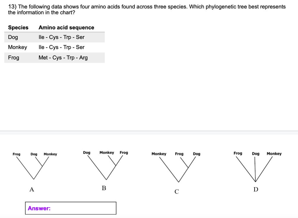 Solved 13) The following data shows four amino acids found | Chegg.com