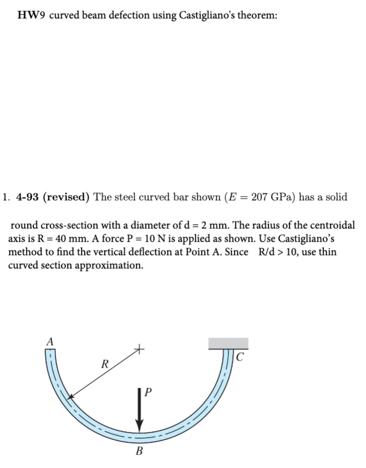 Solved HW9 curved beam defection using Castigliano's
