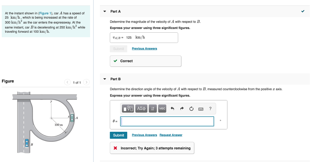 Solved Part A At the instant shown in (Figure 1), car A has | Chegg.com