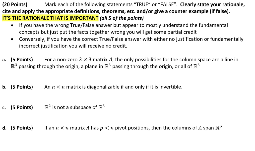 Solved (20 Points) Mark each of the following statements | Chegg.com