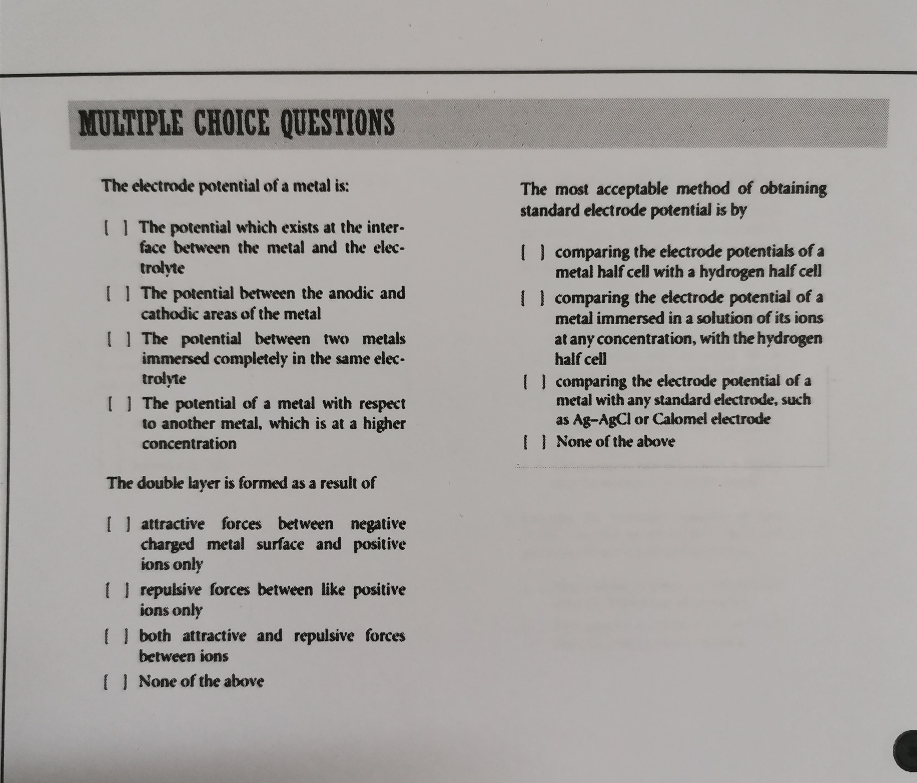 Solved MULTIPLE CHOICE QUESTIONS The Electrode Potential Of | Chegg.com