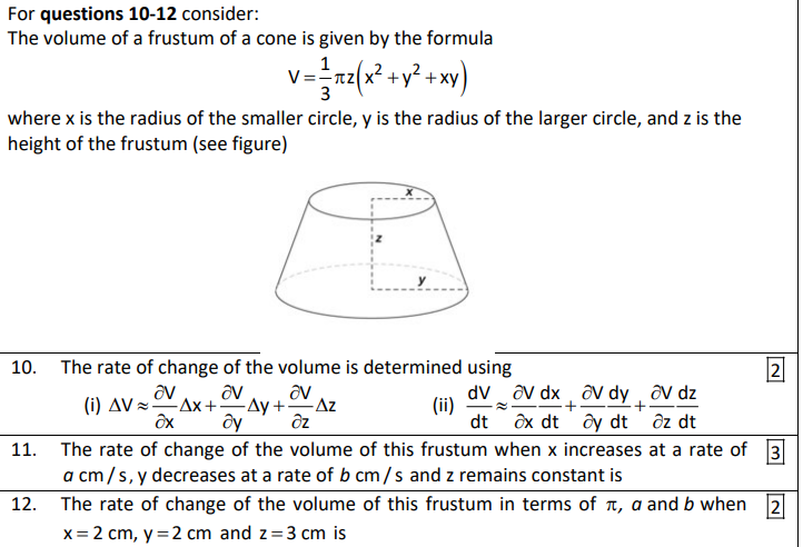 Solved For Questions 10 12 Consider The Volume Of A Frustum Chegg Com