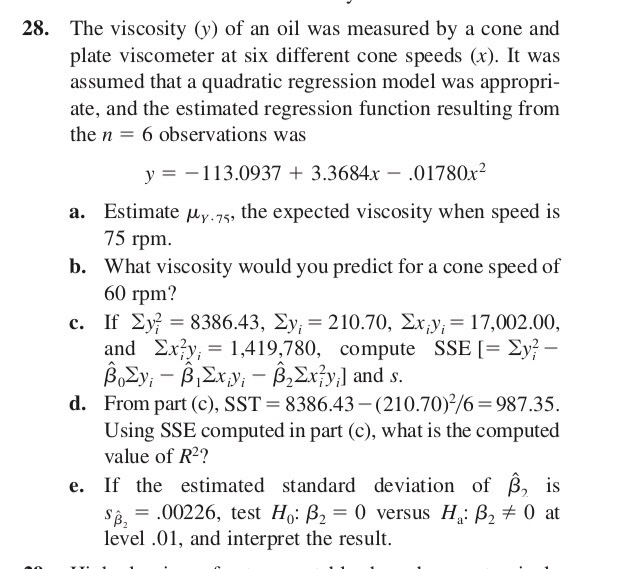 Solved 28. The viscosity (y) of an oil was measured by a | Chegg.com