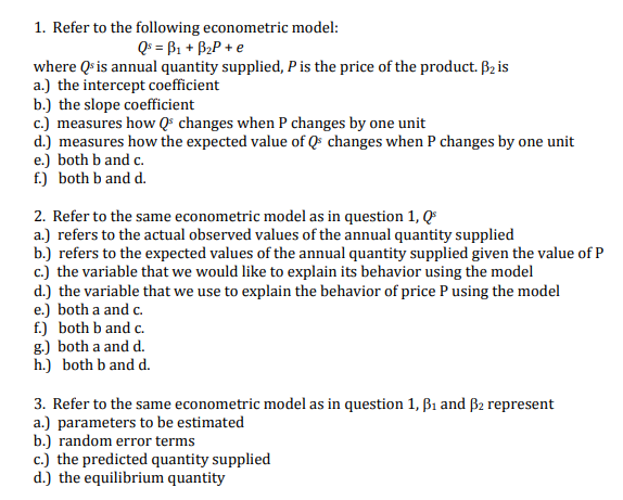 Solved 1. Refer To The Following Econometric Model: Q$ = B1 | Chegg.com