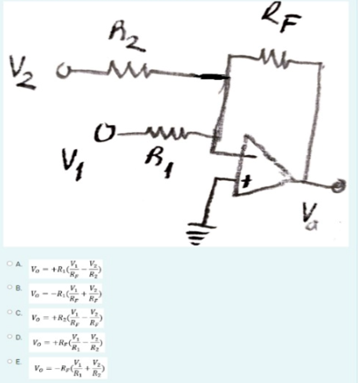 A. \( V_{\varphi}=+R_{1}\left(\frac{V_{1}}{R_{e}}-\frac{V_{2}}{R_{z}}\right) \) B. \( V_{e}=-R_{1}\left(\frac{V_{1}}{R_{r}}+\