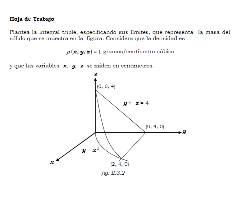 Hoja de Trabajo Plantea la integral triple, especificando sus limites, que representa la masa del sólido que se muestra en la