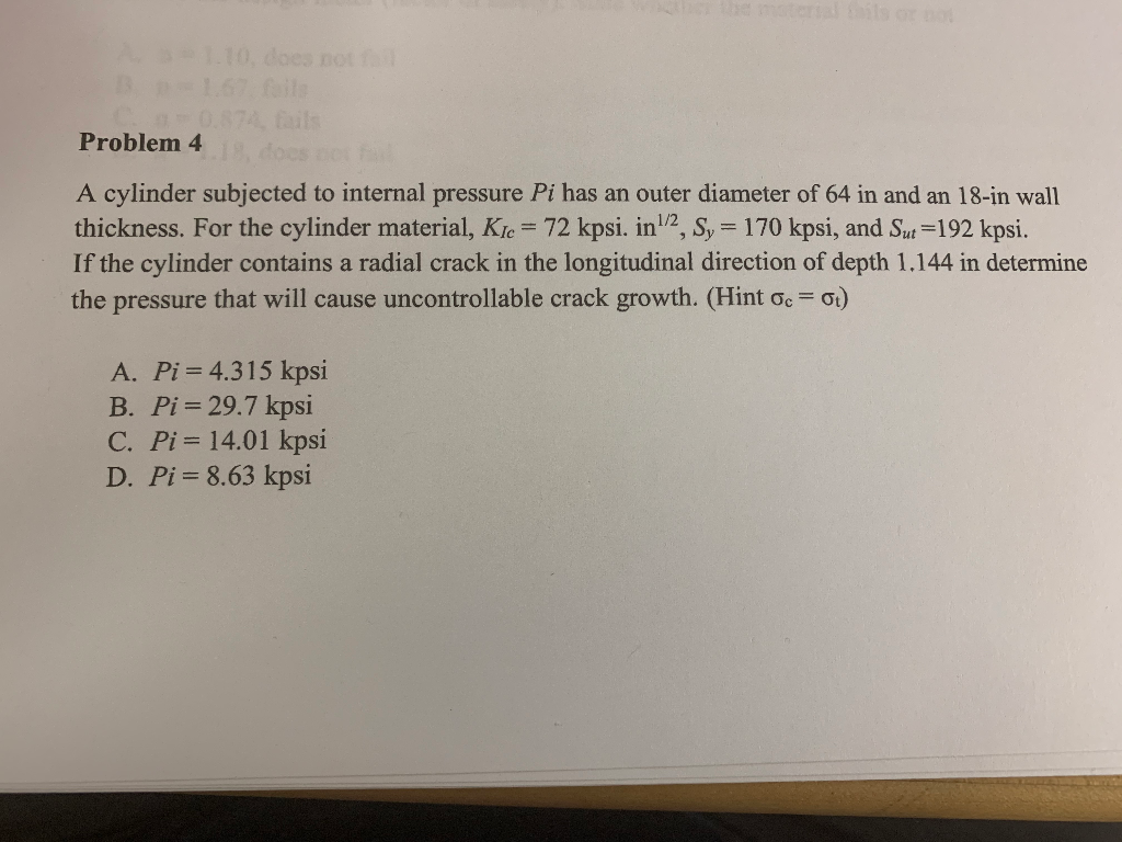 Solved Problem 4 los A cylinder subjected to internal | Chegg.com